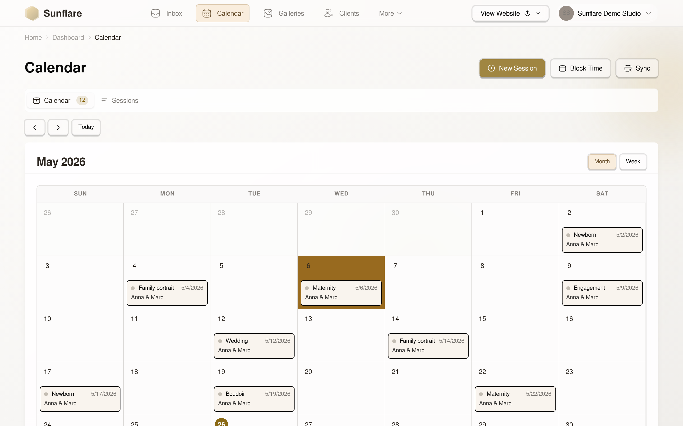 Sunflare booking calendar showing upcoming sessions