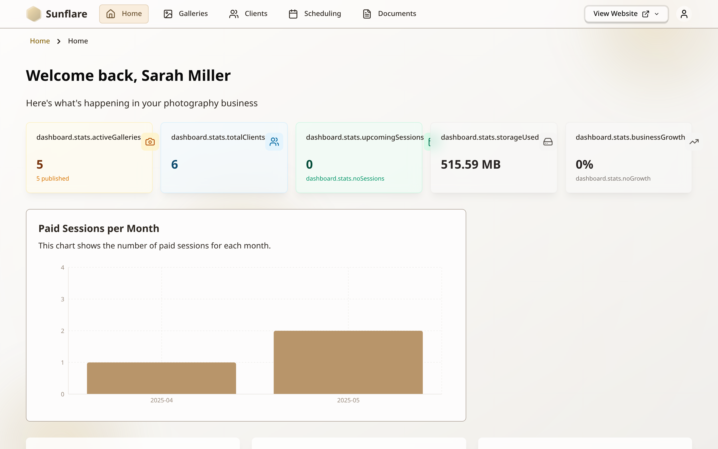 Sunflare dashboard showing gallery management, client stats, and live visitors